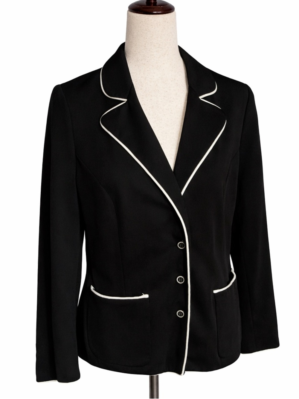 Vintage polyester cardigan jacket, black w white trim. M